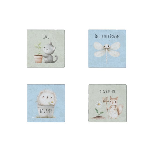 Garden Cat Dragonfly Hedgehog Squirrel Stone Magnet (Front)