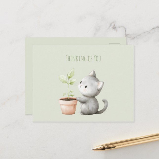 Garden Cat with Plant Thinking of you Postcard (Front/Back In Situ)