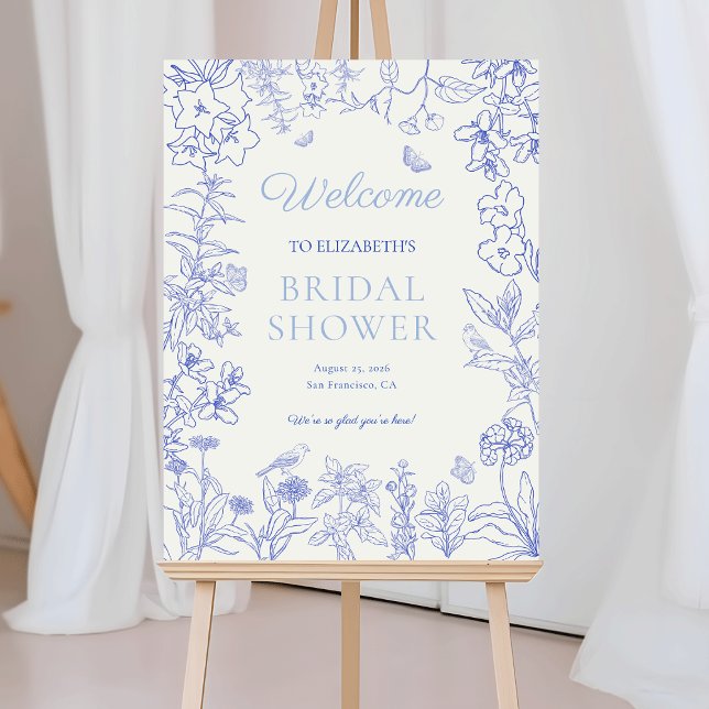 Garden Chinoiserie Bridal Shower Welcome Sign (Blue Whimsical Garden Chinoiserie Bridal Shower Welcome Sign)