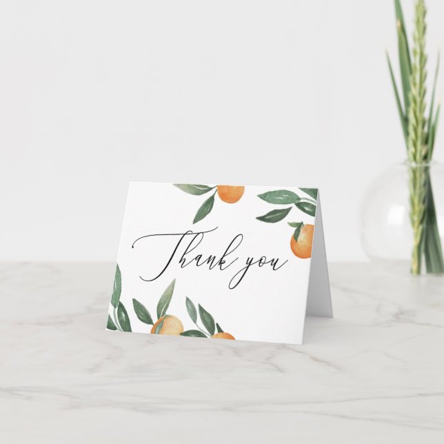 Garden Citrus Wedding. Tuscan Summer Orange Script Thank You Card (Front)