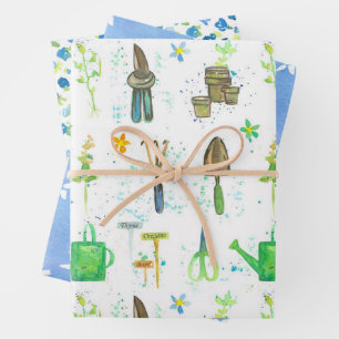 Garden Club Summer Flowers Tools Herbs Blue Wrapping Paper Sheets