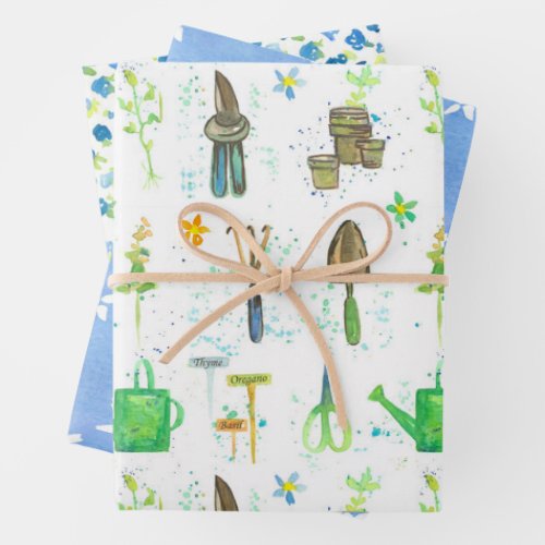 Garden Club Summer Flowers Tools Herbs Blue Wrapping Paper Sheets