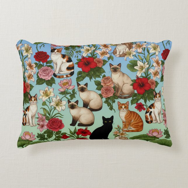 Garden Companions – Floral Cats in Bloom Accent Pillow (Front)