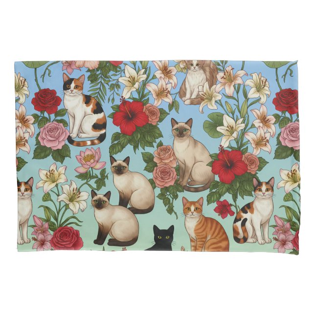 Garden Companions – Floral Cats in Bloom Pillow Case (Front)