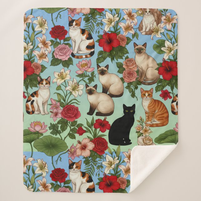 Garden Companions – Floral Cats in Bloom Sherpa Blanket (Front)