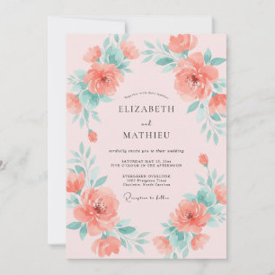 Garden Coral Aqua Peony Wedding Invitation