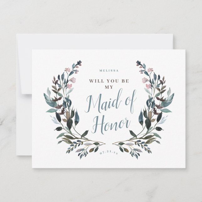 Garden Crest Blue Floral Bridesmaid Maid of Honor Invitation (Front)