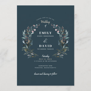 Garden Crest   Dark Blue Sea   Wedding Invitation