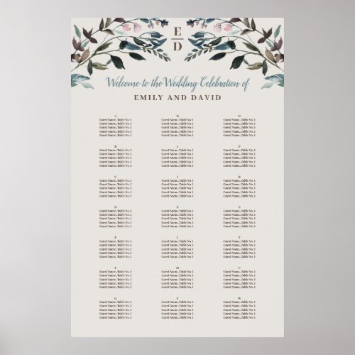 Garden Crest  Eggshell Alphabetical Seating Chart