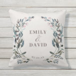 Garden Crest | Eggshell | Wedding Names Outdoor Pillow<br><div class="desc">This accent pillow is perfect for your outdoor wedding or patio decoration. Featuring a painted watercolor floral pattern with blue and pink tones. Personalize with your names and date using the templates provided. This is part of our "Garden Crest" wedding collection. This pillow would look great right next to our...</div>