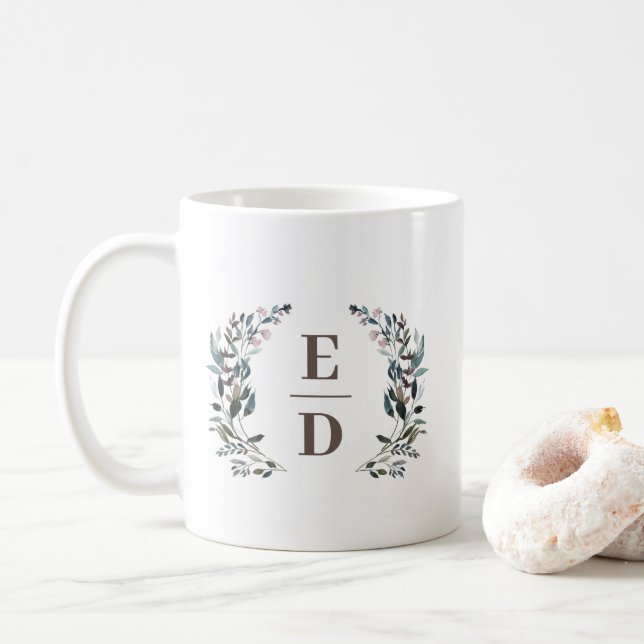 Garden Crest | Floral Wedding Monogram Coffee Mug (With Donut)