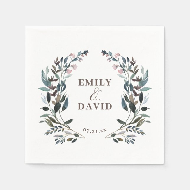 Garden Crest Floral Wedding Names and Date Napkins (Front)
