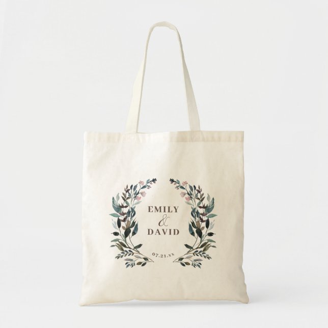 Garden Crest Floral Wedding Names and Date Tote Bag (Front)