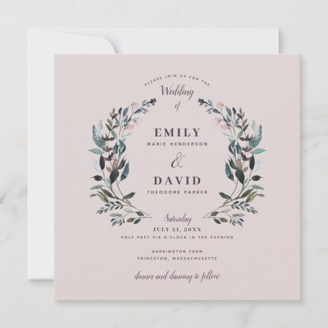 Garden Crest | Mauve Purple  Floral Square Wedding Invitation (Front)