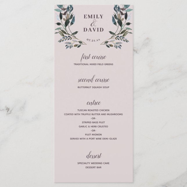 Garden Crest Mauve Purple Floral Wedding 4 Course Menu (Front)