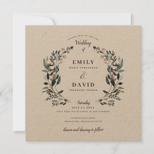 Garden Crest  Rustic Kraft  Floral Square Wedding Invitation