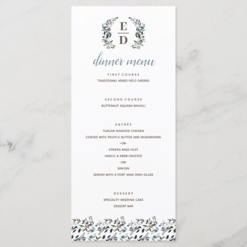 Garden Crest  White Blue Floral Monogram Wedding Menu