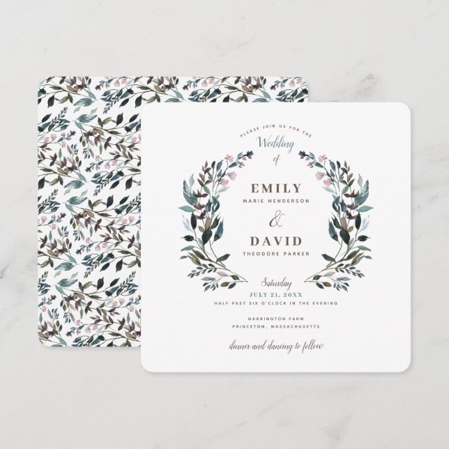 Garden Crest | White Blue Floral Square Wedding Invitation (Front/Back)