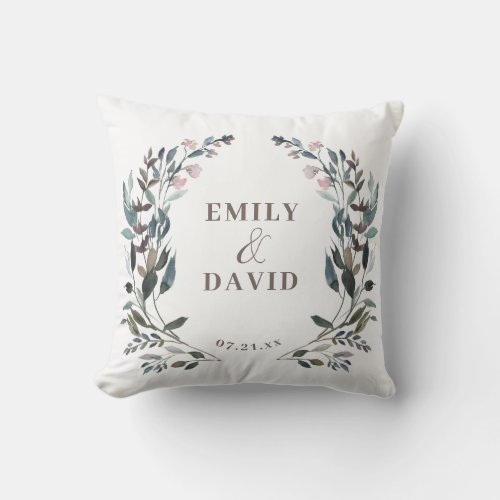 Garden Crest  White Blue Floral Wedding Names Outdoor Pillow