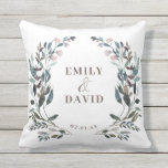 Garden Crest | White Blue Floral Wedding Names Outdoor Pillow<br><div class="desc">This accent pillow is perfect for your outdoor wedding or patio decoration. Featuring a painted watercolor floral pattern with blue and pink tones. Personalize with your names and date using the templates provided. This is part of our "Garden Crest" wedding collection. This pillow would look great right next to the...</div>