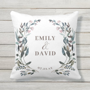 Garden Crest | White Blue Floral Wedding Names Outdoor Pillow