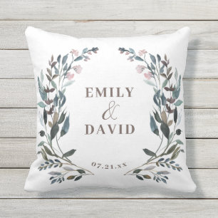 Garden Crest   White Blue Floral Wedding Names Outdoor Pillow