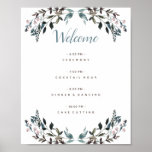 Garden Crest White Blue Floral Wedding Program Poster<br><div class="desc">This wedding program poster announces the schedule of your  big day to your bridal party and guests in style. Featuring navy and pink watercolored flowers and leaves. This is part of our "Garden Crest" wedding collection. Be sure to visit the collection to see more  coordinating items!</div>