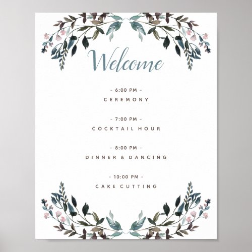 Garden Crest White Blue Floral Wedding Program Poster