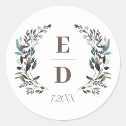 Garden Crest | White Blue Wedding Monogram Date Classic Round Sticker