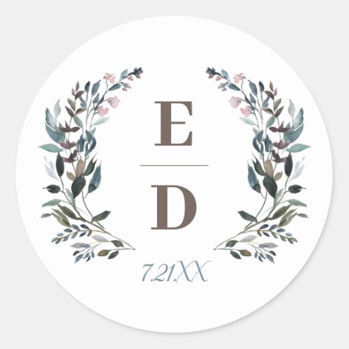 Garden Crest  White Blue Wedding Monogram Date Classic Round Sticker