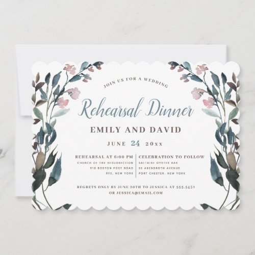 Garden Crest  White Dusty Blue Floral Wedding Invitation