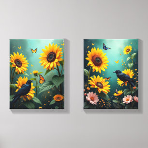 Garden Crows, Butterflies and Sunflower Canvas Photo Tile