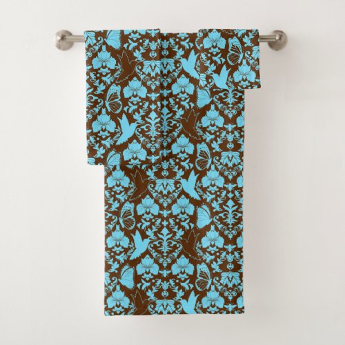 Garden Damask Brown and Turquoise Bath Towel Set