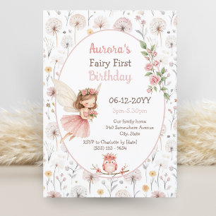Garden Dandelion watercolor Fairy First birthday Invitation