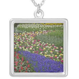 Garden design of Grape Hyacinth, and tulips, Silver Plated Necklace