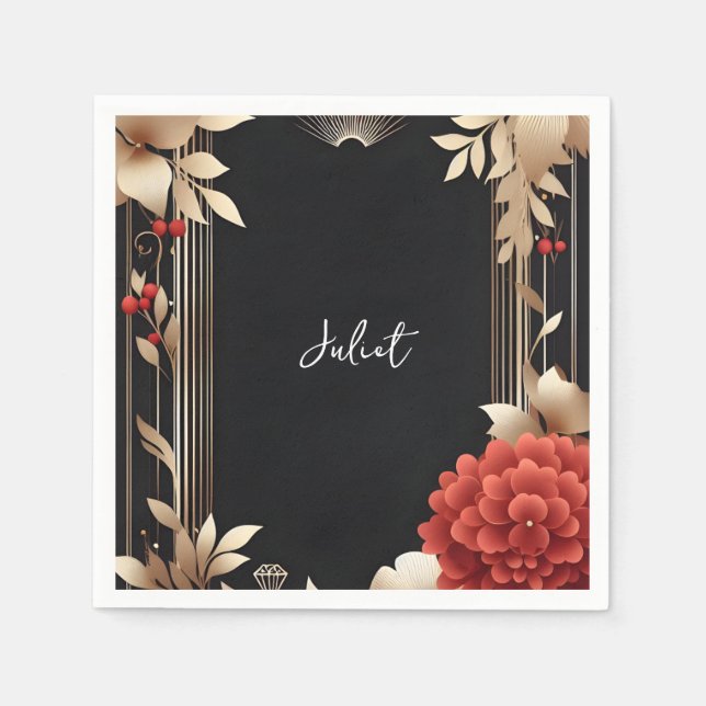 Garden Diamond Red Black And Gold Bridal Shower Napkins (Front)