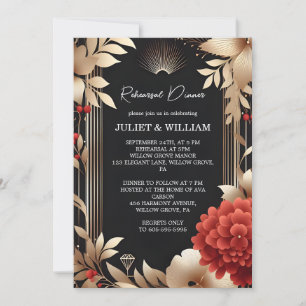 Garden Diamond Red Black And Gold Rehearsal Dinner Invitation