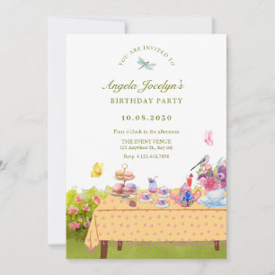 Garden dining table cup of tea nature birthday invitation