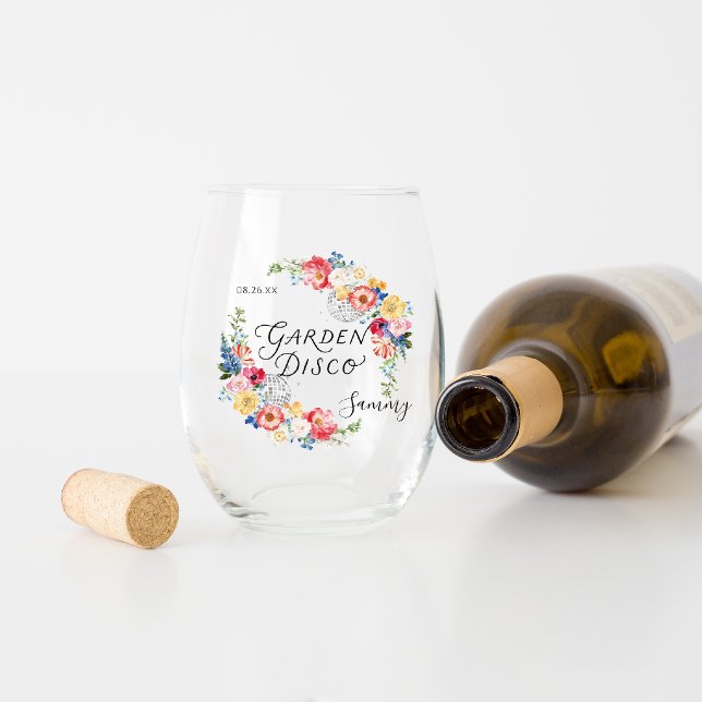 Garden Disco Bachelorette Party Monogram Stemless Wine Glass (Creator Uploaded)