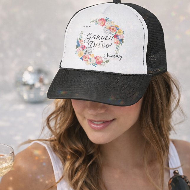 Garden Disco Bachelorette Party Monogram Trucker Hat (Creator Uploaded)
