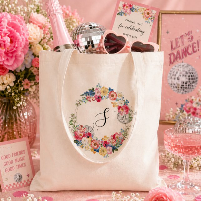 Garden Disco Floral Party Monogram Tote Bag (Creator Uploaded)
