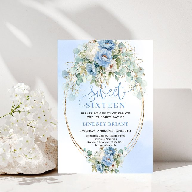 Garden Dusty Blue Floral Gold Sweet 16 Birthday  Invitation (Garden Dusty Blue Floral Gold Sweet 16 Birthday Invitation)