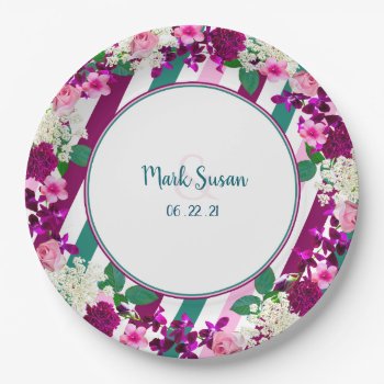 Garden Elegance Party Plate  Green & Pink Flowers Paper Plates by TrudyWilkerson at Zazzle