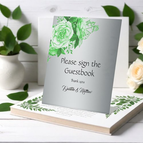 Garden Elegance Silver and Green Rose Wedding Pedestal Sign