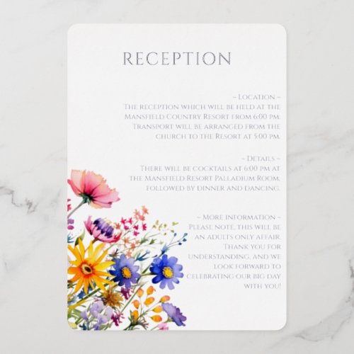 Garden Elegance Silver Text Wildflowers Reception Foil Invitation