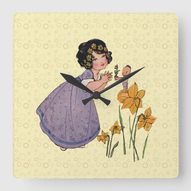 Garden Elf Daffodil Fairyland Spring Easter Square Wall Clock (Front)