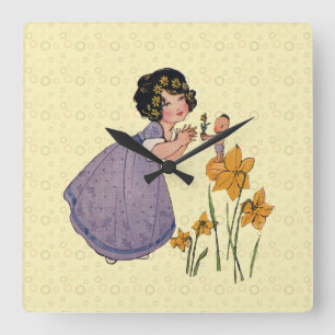 Garden Elf Daffodil Fairyland Spring Easter Square Wall Clock