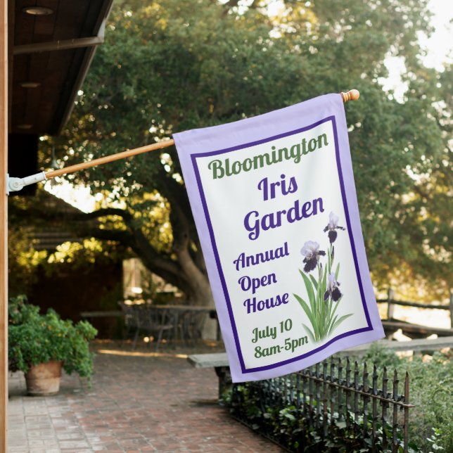 Garden Event or Party Purple Iris Floral Custom House Flag (In SItu)