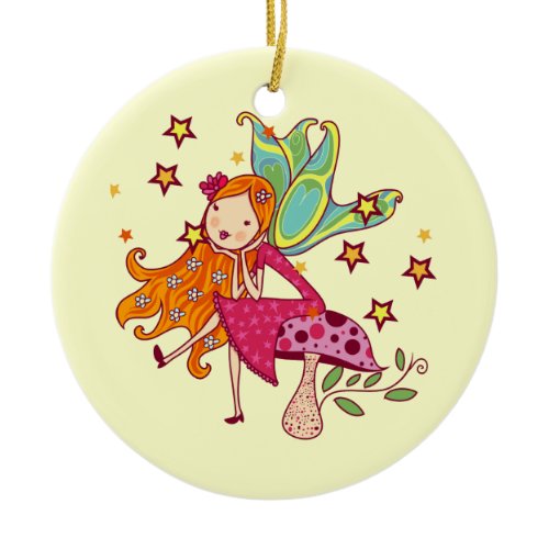 Garden Fairy on Mushroom Ceramic Ornament