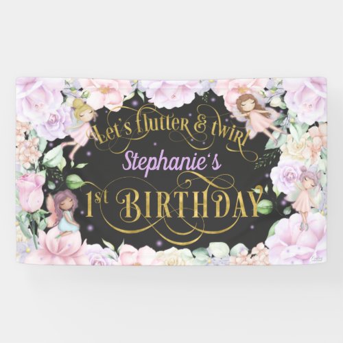 Garden fairy pink purple flowers 1st birthday  banner